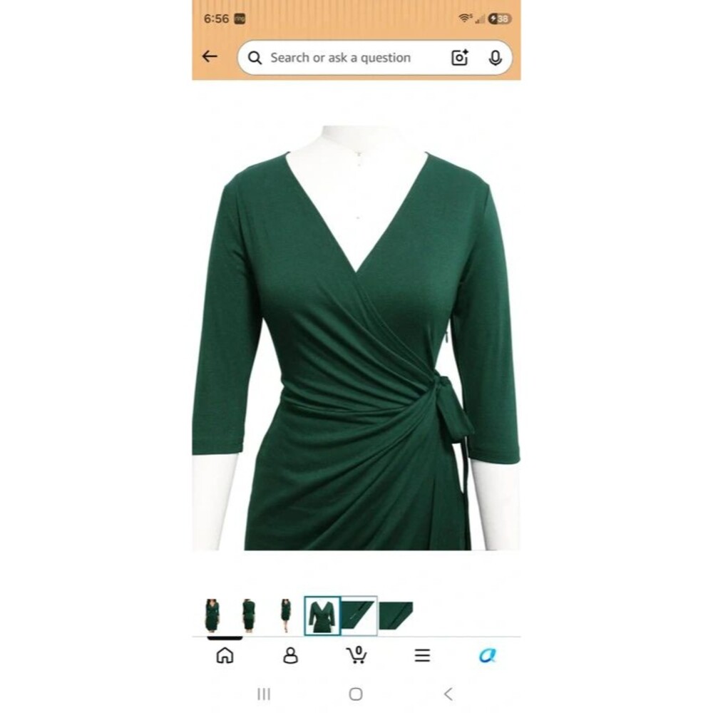 Dark green wrap dress. Side tie. Side zip. 3/4 sleeve.